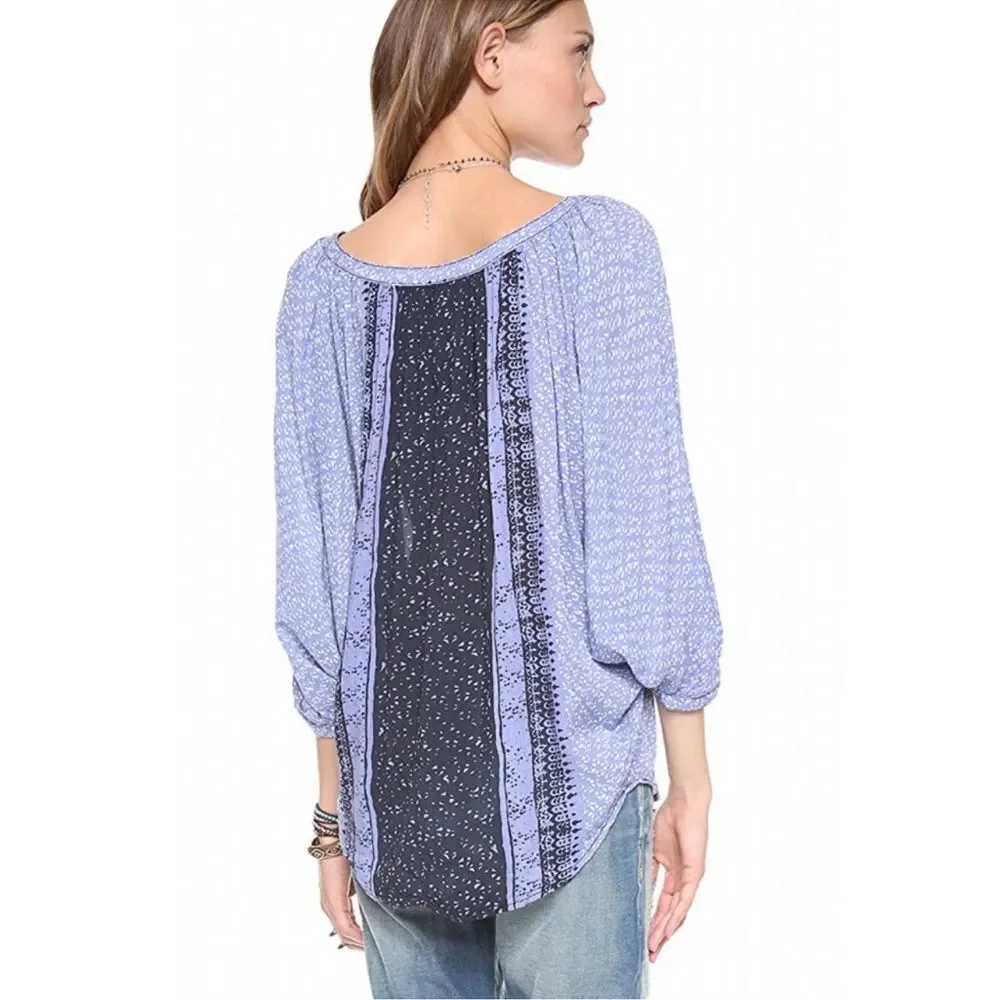 Free People Days of Romance Top Purple and Black Batik-inspired Print Small